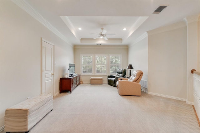 808 Country Club Dr, Heath, TX 75032 - sitting room featuring light carpet, a ceiling fan, a tray ceiling, crown molding, and recessed lighting