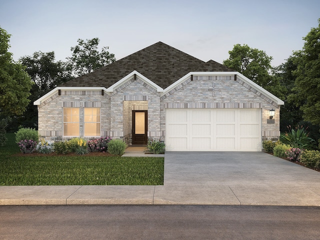 944 Linden Ct, Lavon, TX 75166 - view of front of home featuring stone siding, driveway, a garage, a front lawn, and roof with shingles