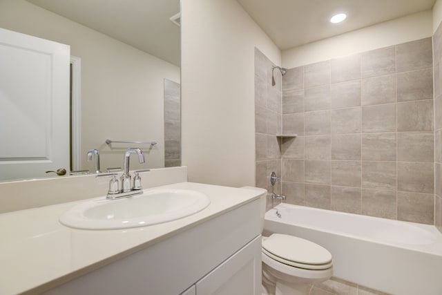 944 Linden Ct, Lavon, TX 75166 - bathroom featuring vanity, toilet, tub / shower combination, recessed lighting, and tile patterned flooring