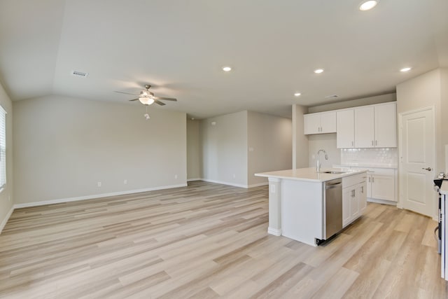 944 Linden Ct, Lavon, TX 75166 - kitchen featuring dishwasher, a sink, a ceiling fan, white cabinets, and light wood finished floors