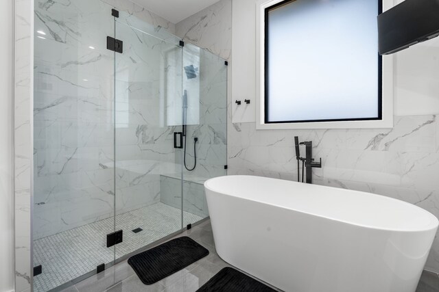 4940 Golden Bell Ln, Midlothian, TX 76065 - full bath with a marble finish shower, a soaking tub, and tile walls