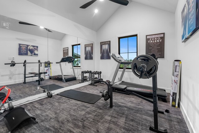 4940 Golden Bell Ln, Midlothian, TX 76065 - workout area featuring ceiling fan, high vaulted ceiling, baseboards, and carpet floors