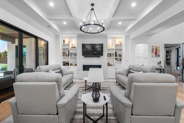 4940 Golden Bell Ln, Midlothian, TX 76065 - living room featuring wood finished floors, built in shelves, a chandelier, coffered ceiling, and beamed ceiling