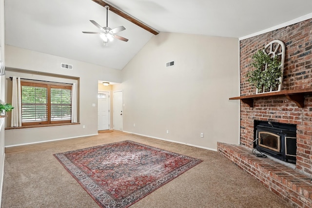 7934 Bonnie Cir, Abilene, TX 79606 - unfurnished living room with carpet floors, beam ceiling, a ceiling fan, baseboards, and high vaulted ceiling