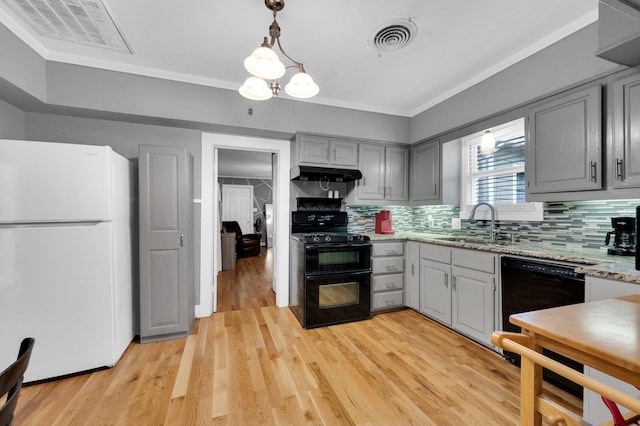 306 W Ross St, Waxahachie, TX 75165 - kitchen featuring black appliances, under cabinet range hood, gray cabinets, crown molding, and a sink