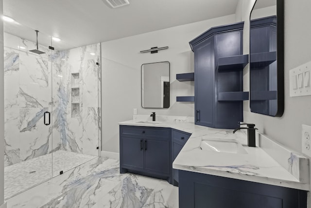 3813 Galvez Ave, Fort Worth, TX 76111 - full bath featuring a marble finish shower, marble finish floors, vanity, and baseboards
