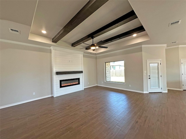 507 Magnolia Dr, Troy, TX 76579 - unfurnished living room with a ceiling fan, a fireplace, baseboards, beam ceiling, and dark wood finished floors