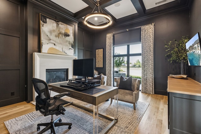 4309 American Pharoah Way, Celina, TX 75009 - office featuring light wood-style floors, crown molding, coffered ceiling, and beam ceiling