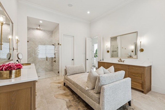 4309 American Pharoah Way, Celina, TX 75009 - full bath featuring ornamental molding, a shower stall, vanity, recessed lighting, and baseboards