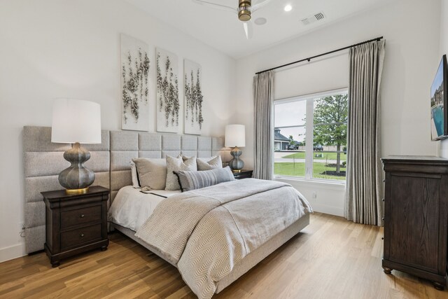 4309 American Pharoah Way, Celina, TX 75009 - bedroom with baseboards, light wood-type flooring, recessed lighting, and a ceiling fan
