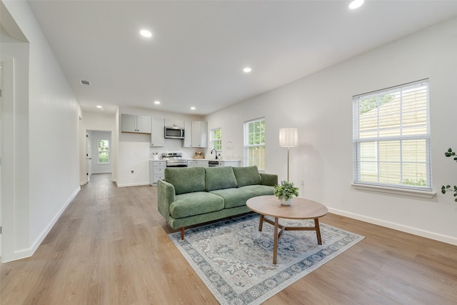 1113 Verbena St, Fort Worth, TX 76104 - living room with light wood finished floors, baseboards, and recessed lighting