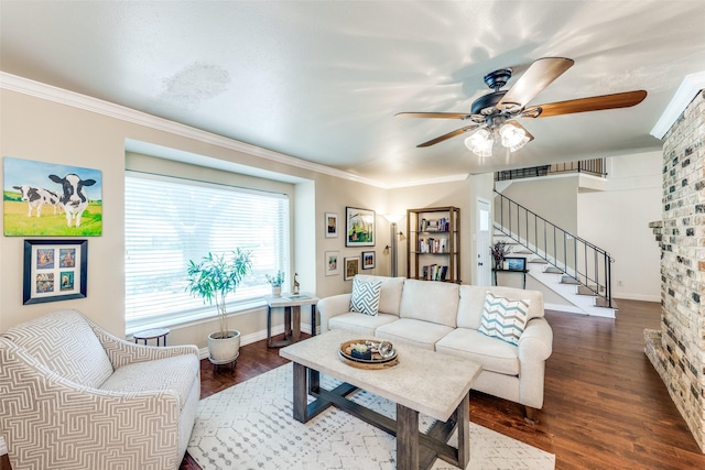 606 Kirby Ln, Richardson, TX 75080 - living room featuring stairs, ceiling fan, wood finished floors, crown molding, and baseboards