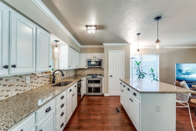 606 Kirby Ln, Richardson, TX 75080 - kitchen with stainless steel appliances, a sink, crown molding, dark wood-type flooring, and light stone countertops