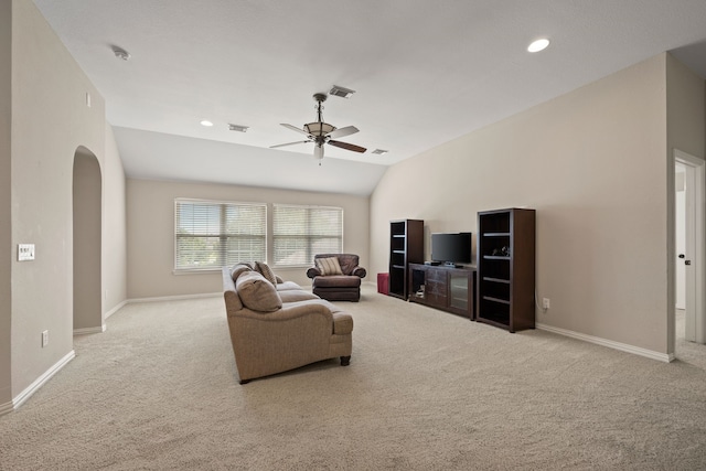 4013 Tulane St, Flower Mound, TX 75022 - living room featuring carpet floors, a ceiling fan, arched walkways, lofted ceiling, and baseboards