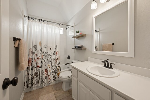 4013 Tulane St, Flower Mound, TX 75022 - bathroom featuring toilet, vanity, shower / bath combo with shower curtain, and tile patterned flooring