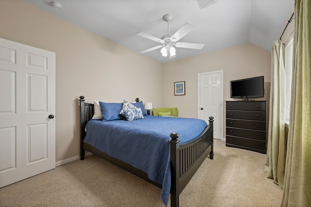 4013 Tulane St, Flower Mound, TX 75022 - bedroom featuring light colored carpet, vaulted ceiling, a ceiling fan, and baseboards