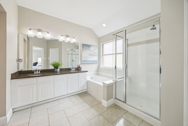 1532 Streams Way, Allen, TX 75002 - full bath with a stall shower, a bath, double vanity, tile patterned floors, and vaulted ceiling