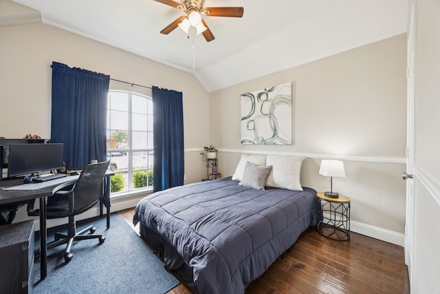 1532 Streams Way, Allen, TX 75002 - bedroom with hardwood / wood-style floors, vaulted ceiling, baseboards, an office area, and ceiling fan