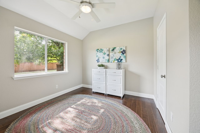 1532 Streams Way, Allen, TX 75002 - bedroom with dark wood finished floors, vaulted ceiling, baseboards, and a ceiling fan