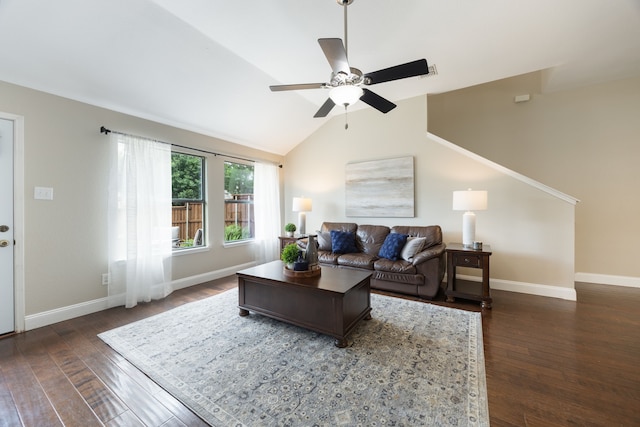 1532 Streams Way, Allen, TX 75002 - living room with ceiling fan, dark wood-style flooring, baseboards, and lofted ceiling