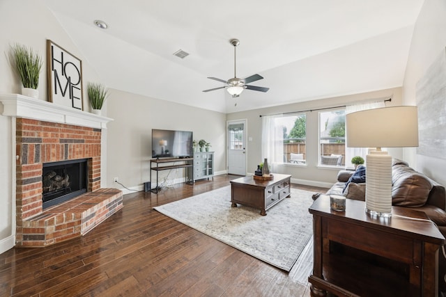 1532 Streams Way, Allen, TX 75002 - living room featuring hardwood / wood-style floors, lofted ceiling, a fireplace, a ceiling fan, and baseboards