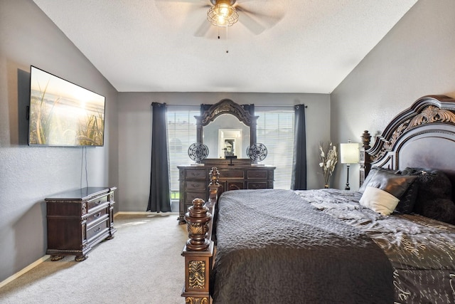 3017 Deanne Ct, Fort Worth, TX 76123 - carpeted bedroom with vaulted ceiling, baseboards, ceiling fan, and a textured ceiling