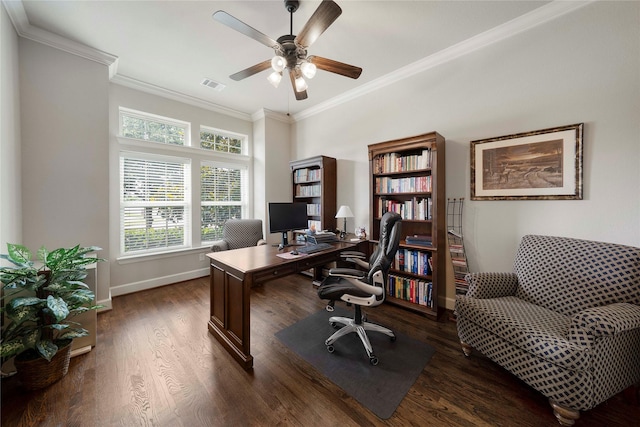 8670 Soto Ln, Frisco, TX 75036 - office area featuring a ceiling fan, dark wood-style floors, crown molding, and baseboards