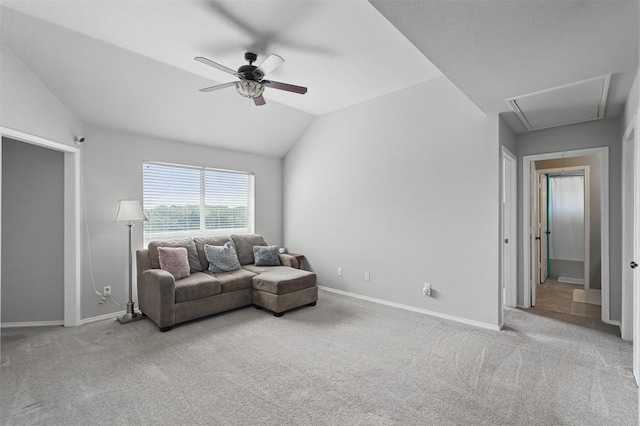 3752 Menard Dr, Carrollton, TX 75010 - living room featuring attic access, baseboards, ceiling fan, light colored carpet, and vaulted ceiling