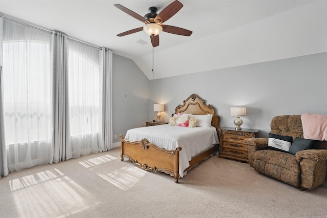3752 Menard Dr, Carrollton, TX 75010 - bedroom featuring carpet floors, lofted ceiling, and ceiling fan