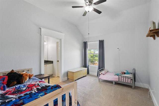 3752 Menard Dr, Carrollton, TX 75010 - bedroom with light colored carpet, vaulted ceiling, baseboards, a ceiling fan, and ensuite bath