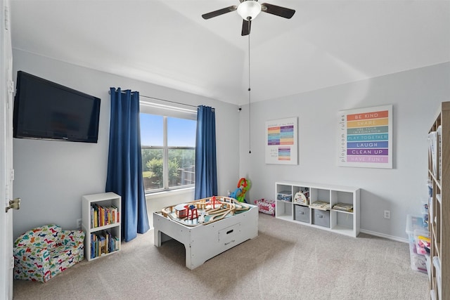 3752 Menard Dr, Carrollton, TX 75010 - playroom with carpet, lofted ceiling, and ceiling fan