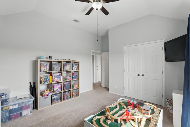 3752 Menard Dr, Carrollton, TX 75010 - recreation room with carpet, ceiling fan, high vaulted ceiling, and baseboards