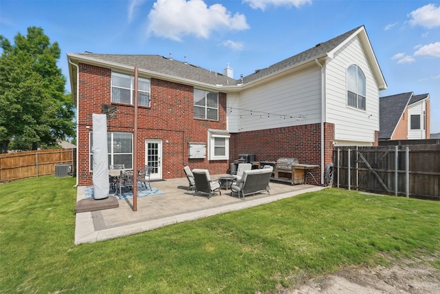 3752 Menard Dr, Carrollton, TX 75010 - rear view of property featuring brick siding, a patio area, and central AC unit