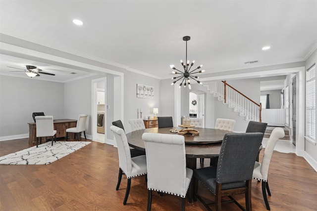 3752 Menard Dr, Carrollton, TX 75010 - dining space featuring stairs, a chandelier, crown molding, dark wood-type flooring, and baseboards