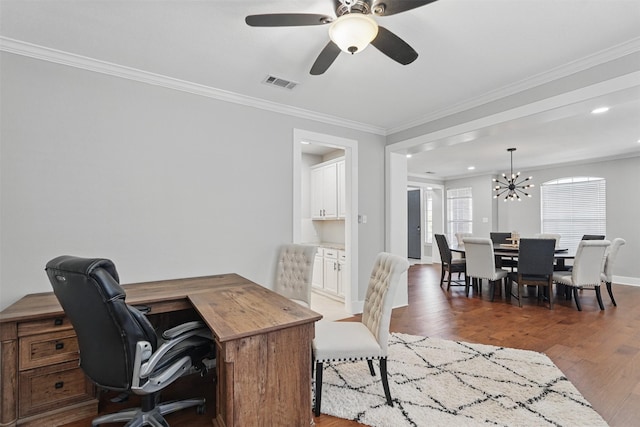 3752 Menard Dr, Carrollton, TX 75010 - office area with ornamental molding, wood finished floors, a chandelier, a ceiling fan, and baseboards
