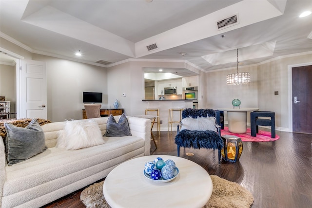5909 Luther Ln Unit 900, Dallas, TX 75225 - living room with a raised ceiling, dark wood finished floors, a chandelier, recessed lighting, and baseboards