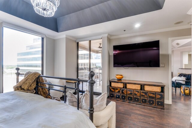 5909 Luther Ln Unit 900, Dallas, TX 75225 - bedroom with access to exterior, wood finished floors, multiple windows, ornamental molding, and a chandelier