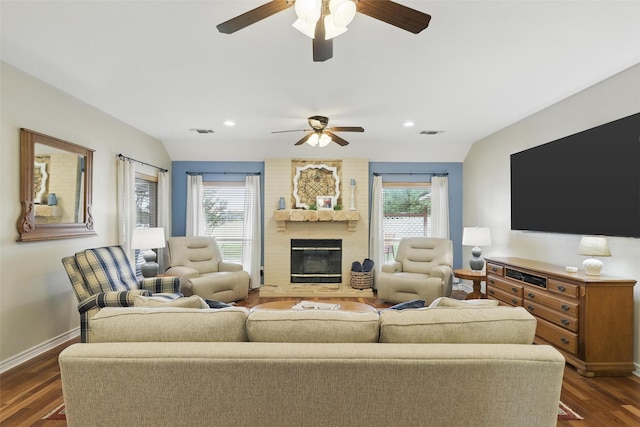 9816 County Road 603c, Burleson, TX 76028 - living room with a ceiling fan, dark wood finished floors, a fireplace, baseboards, and recessed lighting