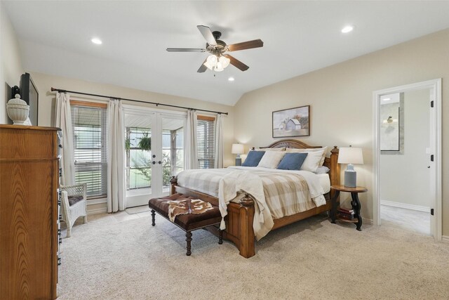 9816 County Road 603c, Burleson, TX 76028 - bedroom featuring french doors, access to exterior, light colored carpet, vaulted ceiling, and baseboards