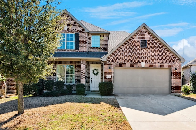 1029 Spring Falls Dr, Mckinney, TX 75071 - traditional-style home with brick siding, a garage, a shingled roof, and driveway