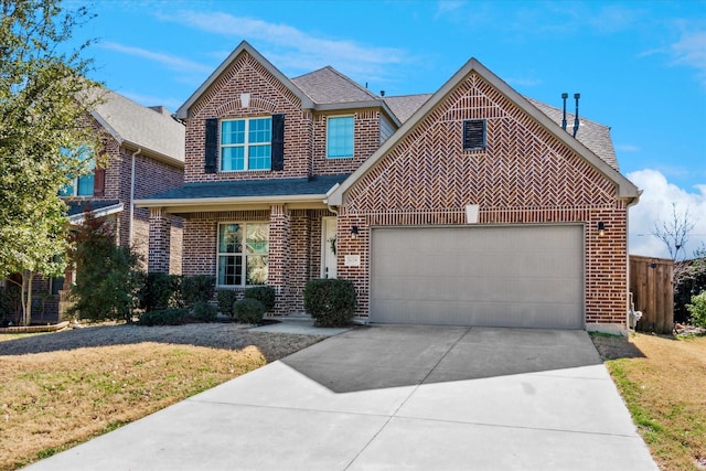 1029 Spring Falls Dr, Mckinney, TX 75071 - traditional-style home with brick siding, a shingled roof, a garage, and driveway