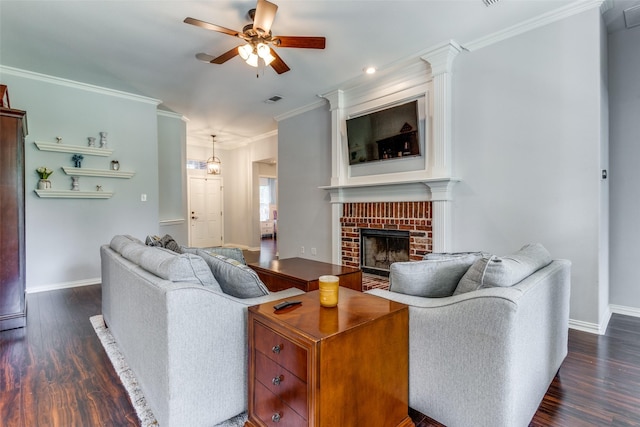 1611 N College St, Mckinney, TX 75069 - living area with ceiling fan, dark wood-style flooring, baseboards, and ornamental molding