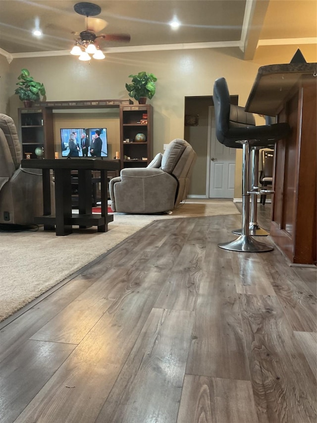 322 Farm Rd Unit 2283, Clarksville, TX 75426 - living room with wood-type flooring, a ceiling fan, and ornamental molding