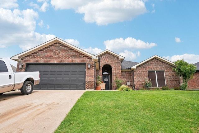 2408 Buffalo Run, Burleson, TX 76028 - view of front of home featuring brick siding, an attached garage, a front lawn, and concrete driveway