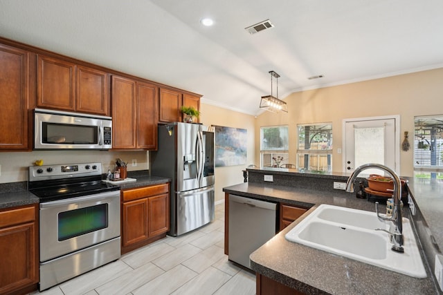 2408 Buffalo Run, Burleson, TX 76028 - kitchen featuring appliances with stainless steel finishes, a sink, vaulted ceiling, crown molding, and dark countertops