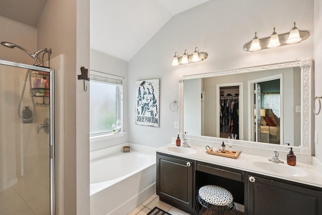 2408 Buffalo Run, Burleson, TX 76028 - full bath featuring lofted ceiling, a shower stall, a garden tub, double vanity, and a walk in closet