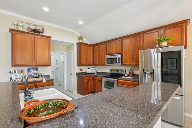 2408 Buffalo Run, Burleson, TX 76028 - kitchen featuring appliances with stainless steel finishes, lofted ceiling, baseboards, a sink, and ornamental molding