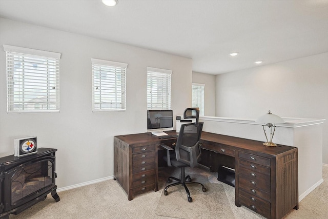 1608 Star Fleet Dr, Haslet, TX 76052 - home office with light carpet, baseboards, and recessed lighting