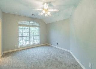 2909 Harkness Dr, Plano, TX 75093 - carpeted empty room with baseboards, ceiling fan, and lofted ceiling