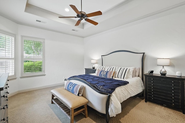 129 Shady Dale Ln, Coppell, TX 75019 - bedroom featuring carpet flooring, a tray ceiling, crown molding, a ceiling fan, and baseboards